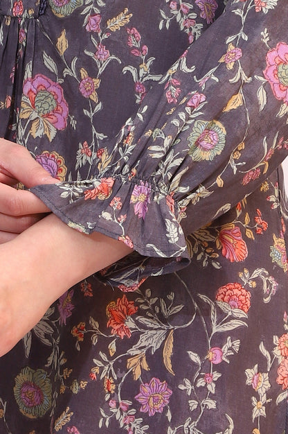 W for Woman Slate Grey Floral Printed Modal Relaxed Fit Top