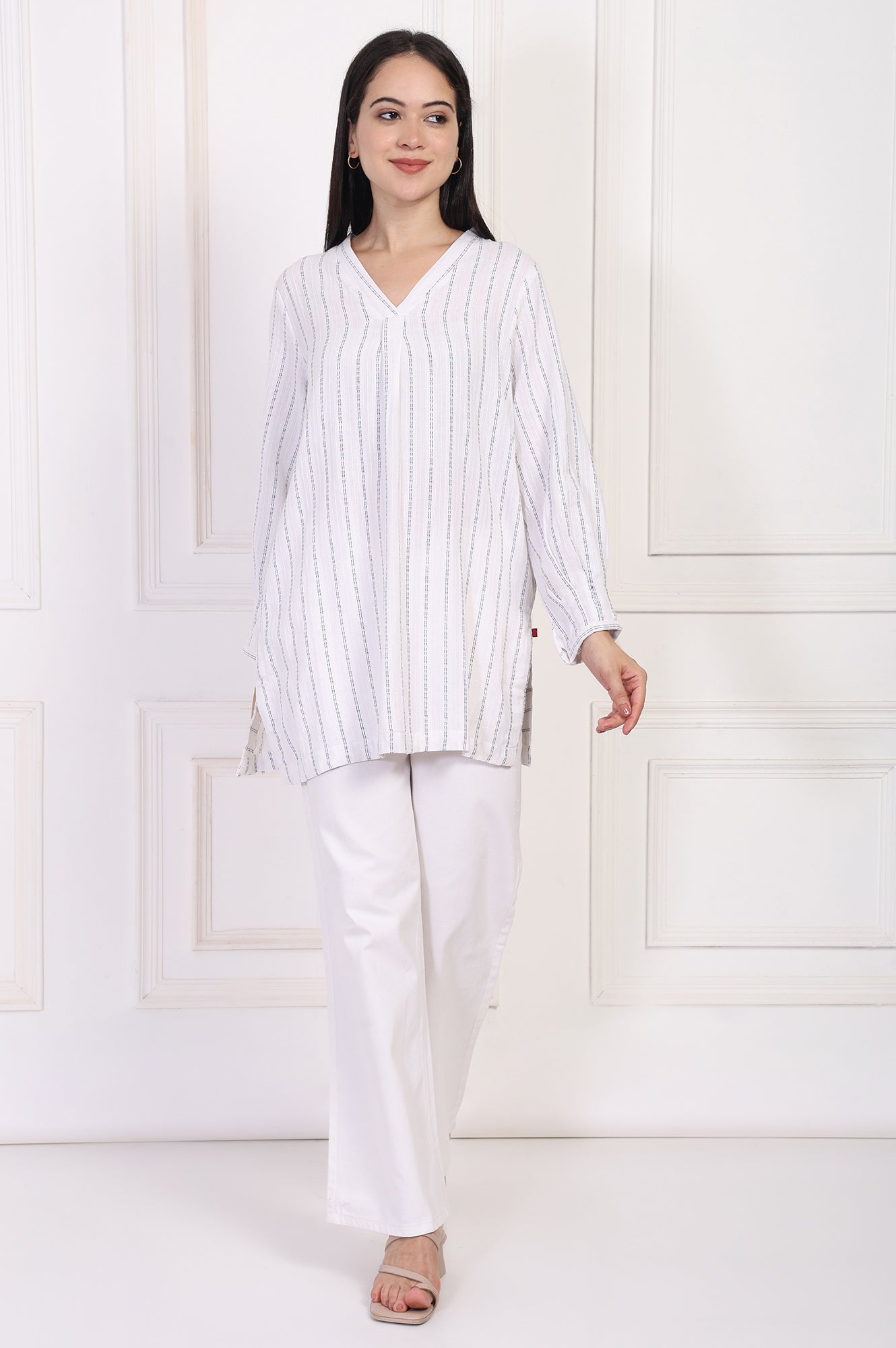 W for Woman White Striped Straight Cotton Tunic