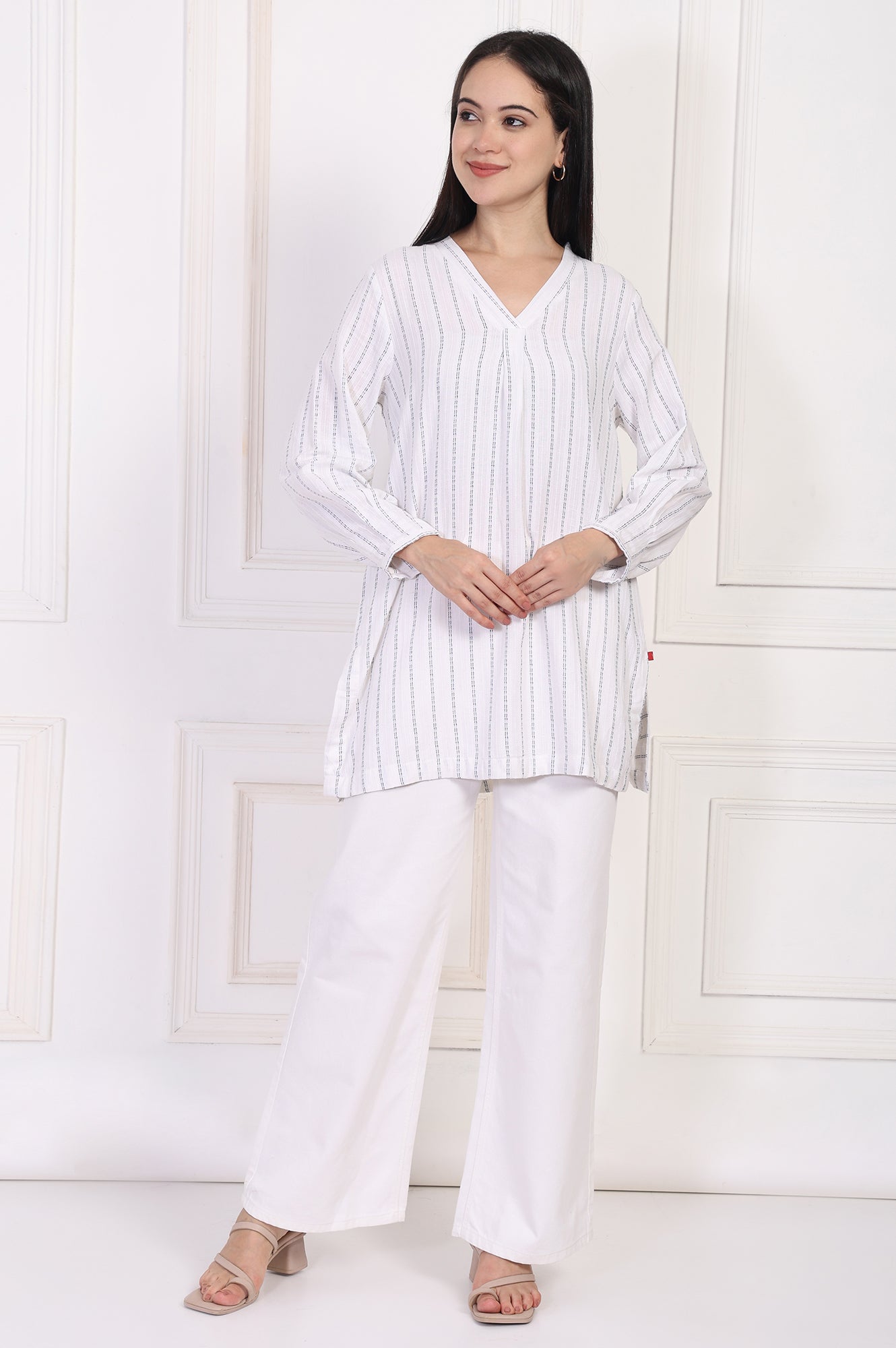 W for Woman White Striped Straight Cotton Tunic