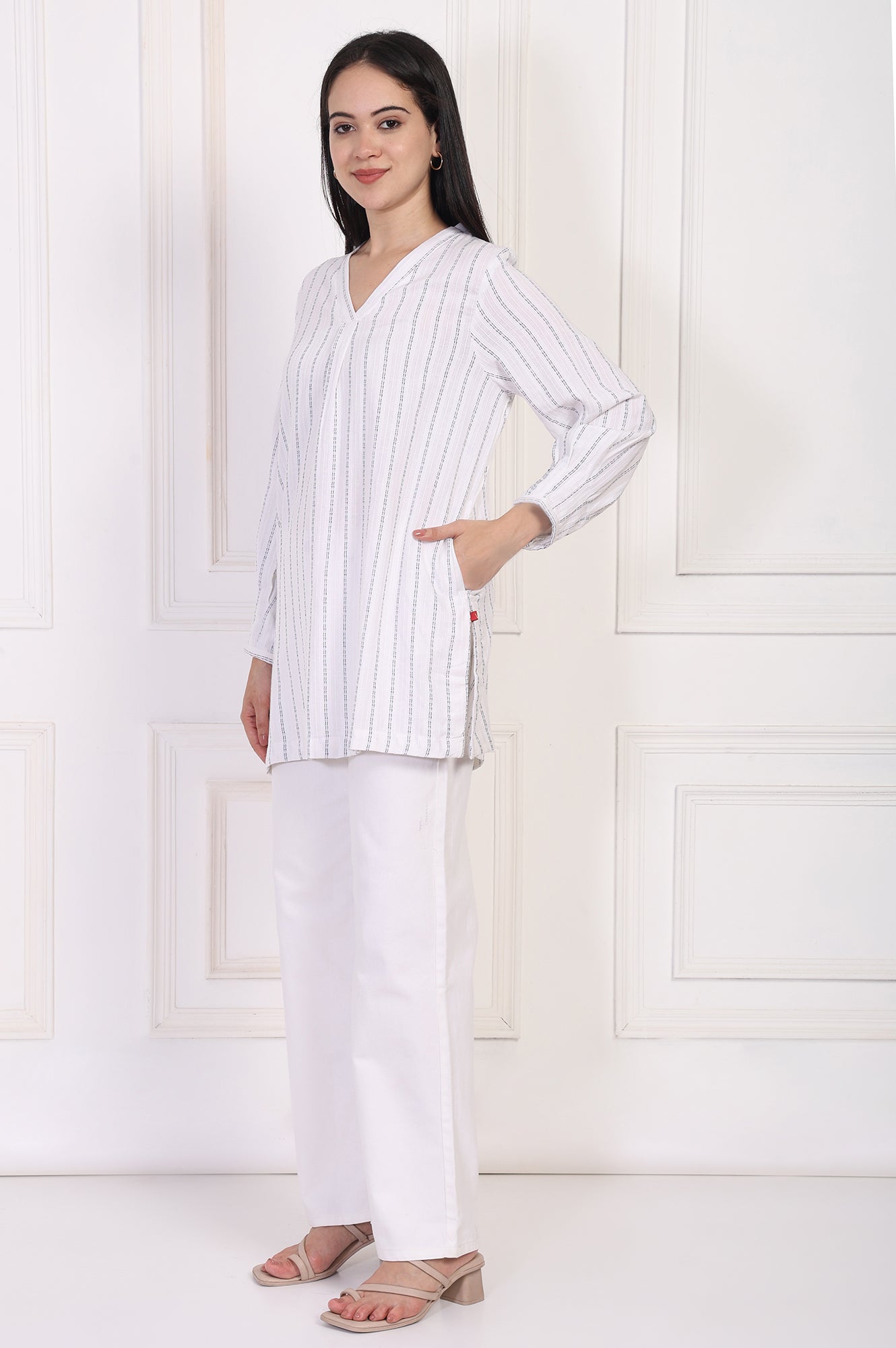 W for Woman White Striped Straight Cotton Tunic