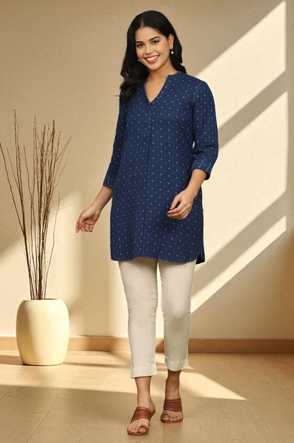 W for Woman Indigo Blue Yarn Dyed Pure Cotton Top with Beads