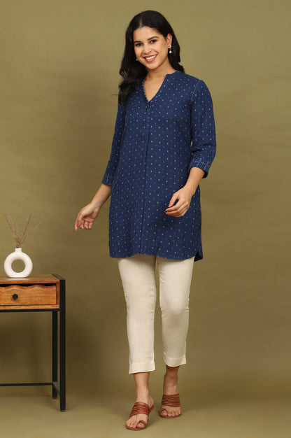 W for Woman Indigo Blue Yarn Dyed Pure Cotton Top with Beads