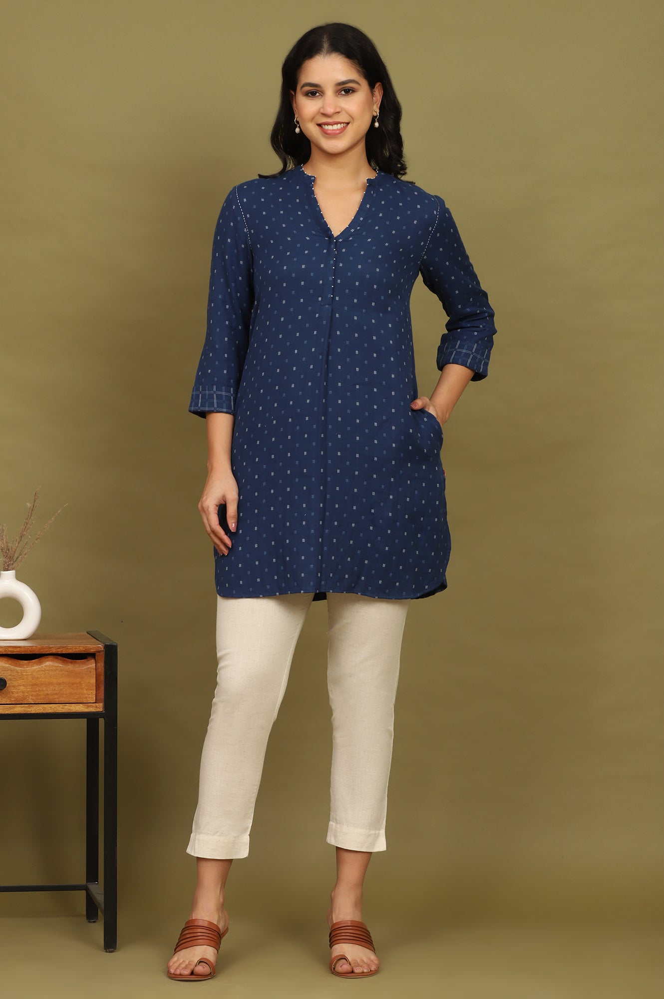 W for Woman Indigo Blue Yarn Dyed Pure Cotton Top with Beads