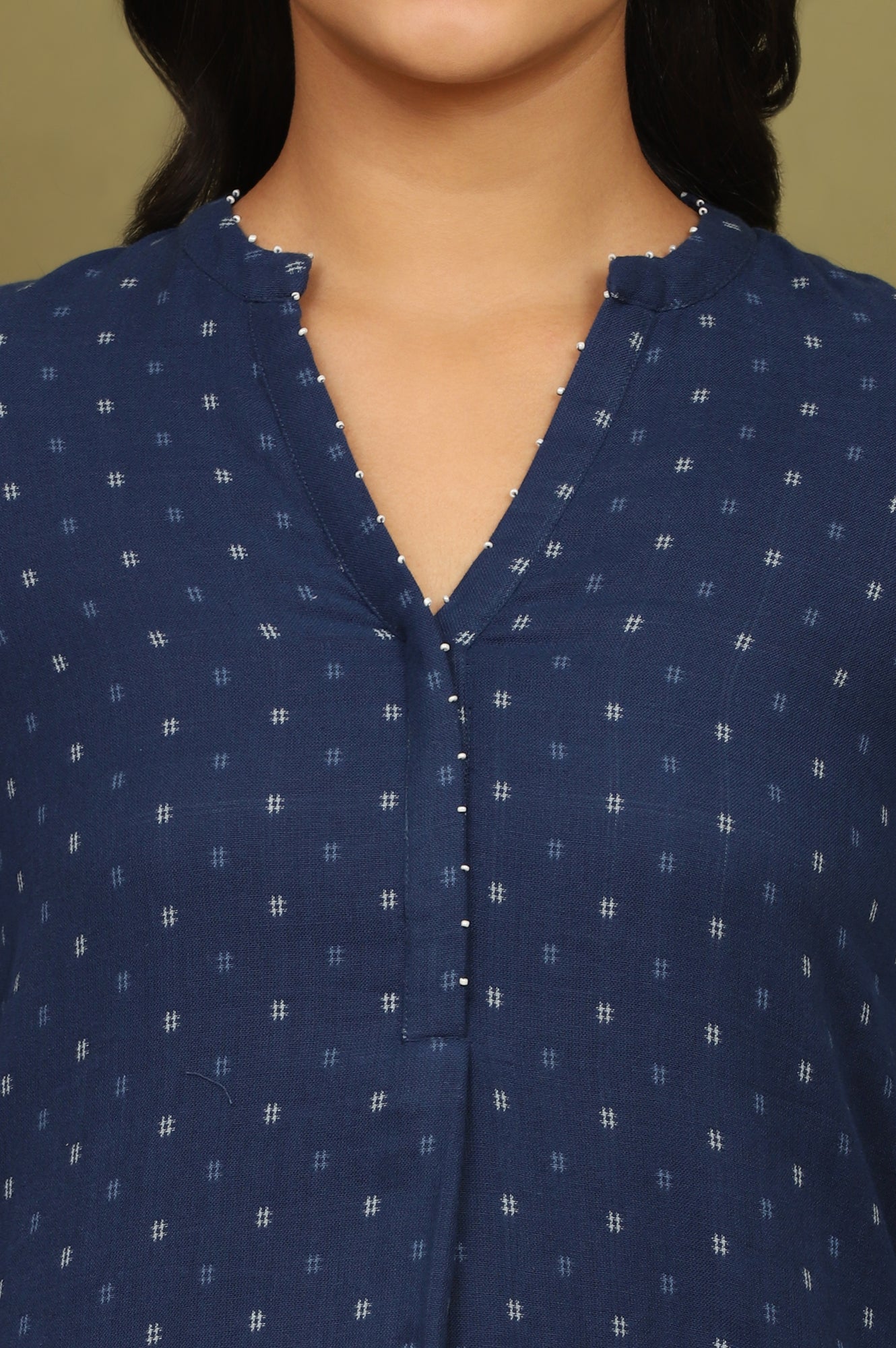 W for Woman Indigo Blue Yarn Dyed Pure Cotton Top with Beads
