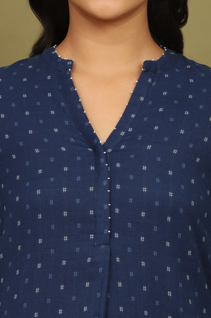 W for Woman Indigo Blue Yarn Dyed Pure Cotton Top with Beads