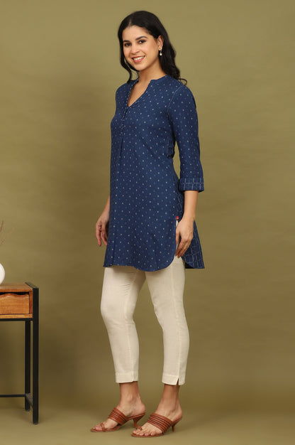 W for Woman Indigo Blue Yarn Dyed Pure Cotton Top with Beads