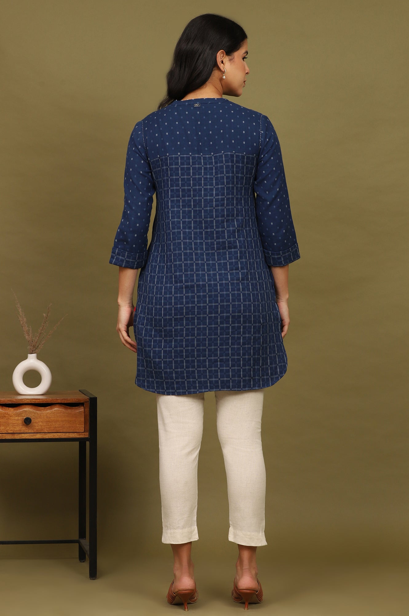 W for Woman Indigo Blue Yarn Dyed Pure Cotton Top with Beads