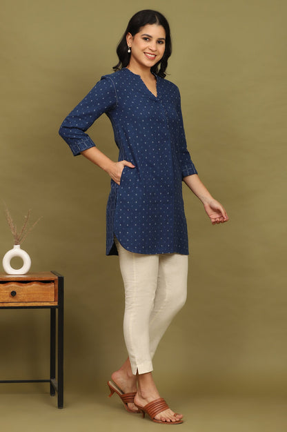 W for Woman Indigo Blue Yarn Dyed Pure Cotton Top with Beads