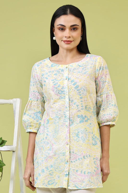W for Woman Light Yellow Floral Printed Schiffli Embroidered Fusion Top