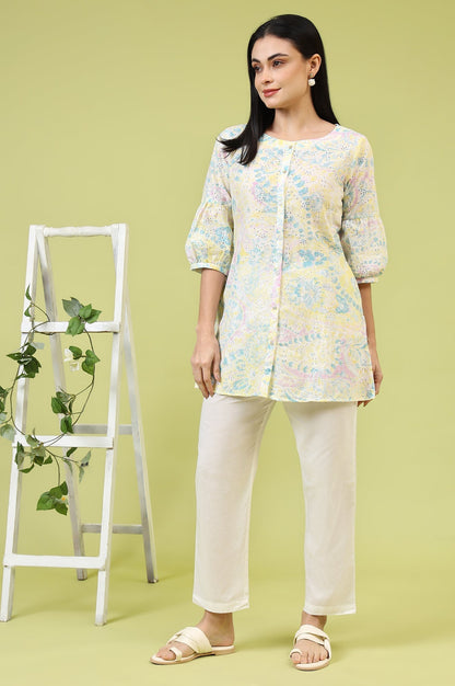 W for Woman Light Yellow Floral Printed Schiffli Embroidered Fusion Top