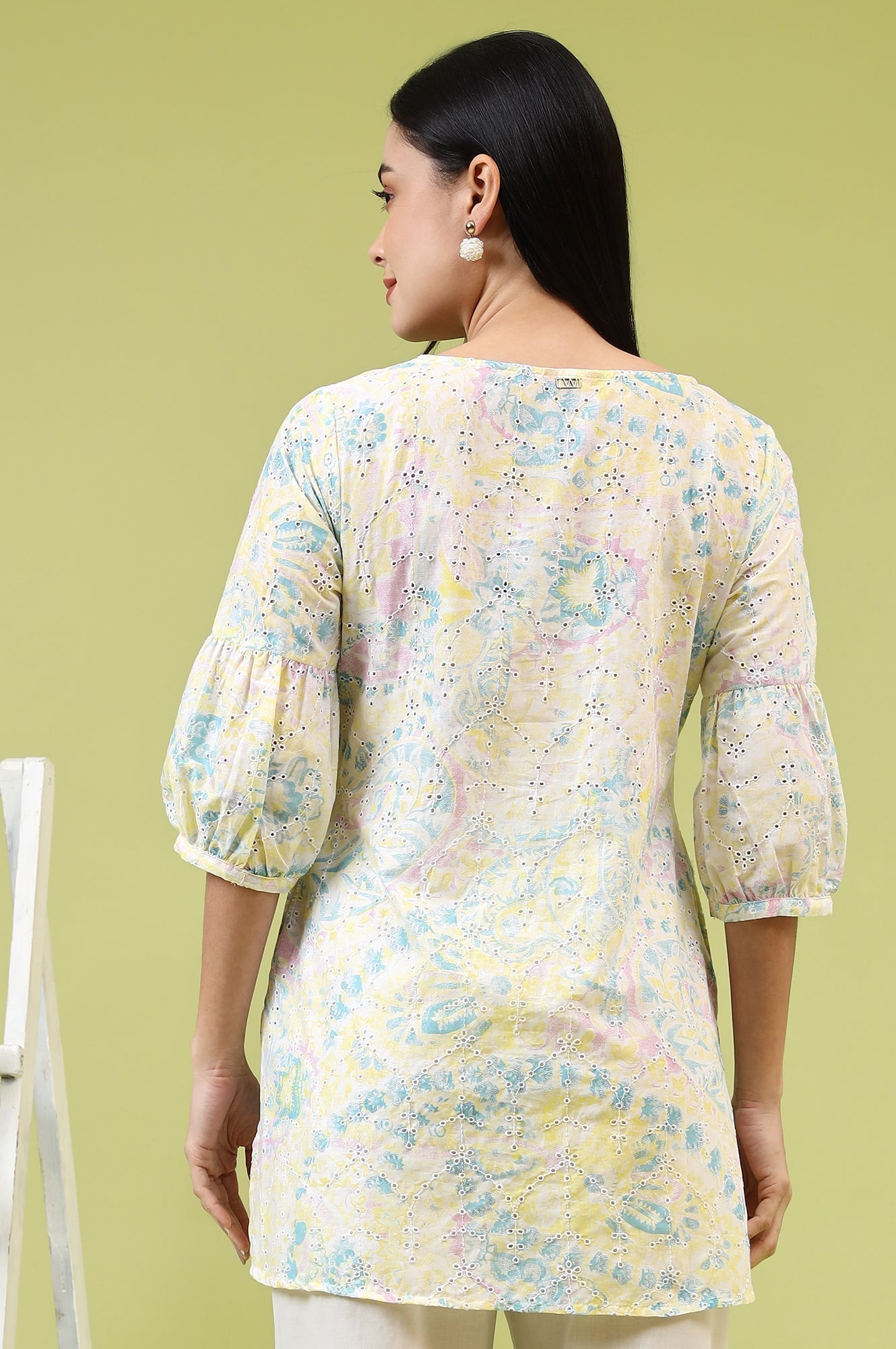 W for Woman Light Yellow Floral Printed Schiffli Embroidered Fusion Top