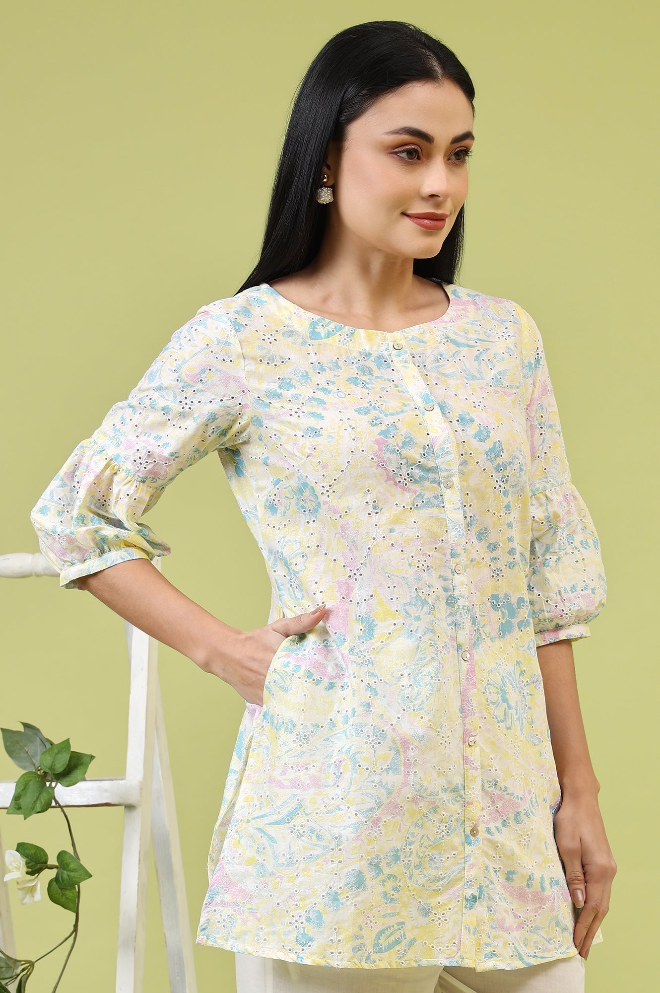 W for Woman Light Yellow Floral Printed Schiffli Embroidered Fusion Top