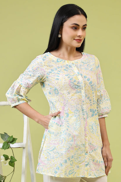 W for Woman Light Yellow Floral Printed Schiffli Embroidered Fusion Top