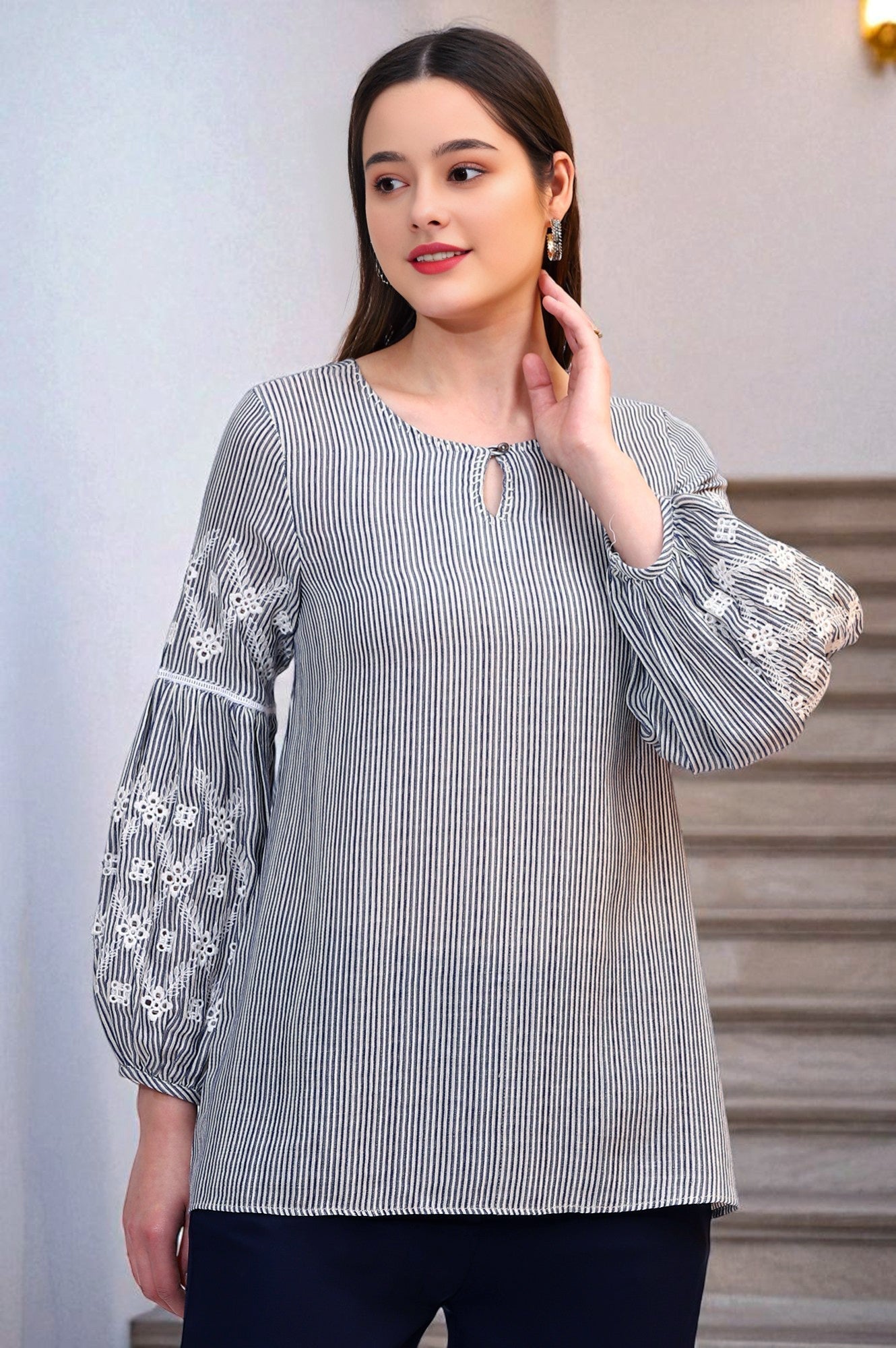 W for Woman Navy and White Yarn Dyed Striped Top with Schiffli Embroidery At Sleeves