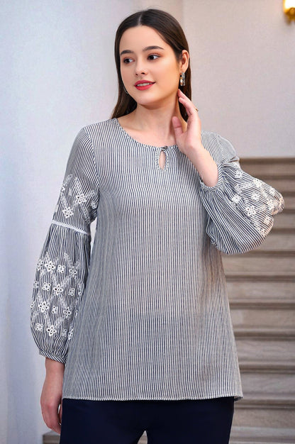 W for Woman Navy and White Yarn Dyed Striped Top with Schiffli Embroidery At Sleeves