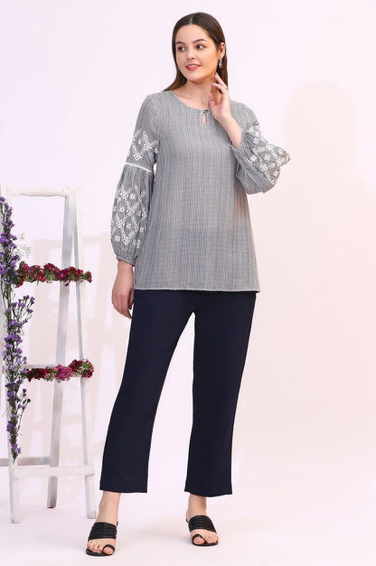 W for Woman Navy and White Yarn Dyed Striped Top with Schiffli Embroidery At Sleeves