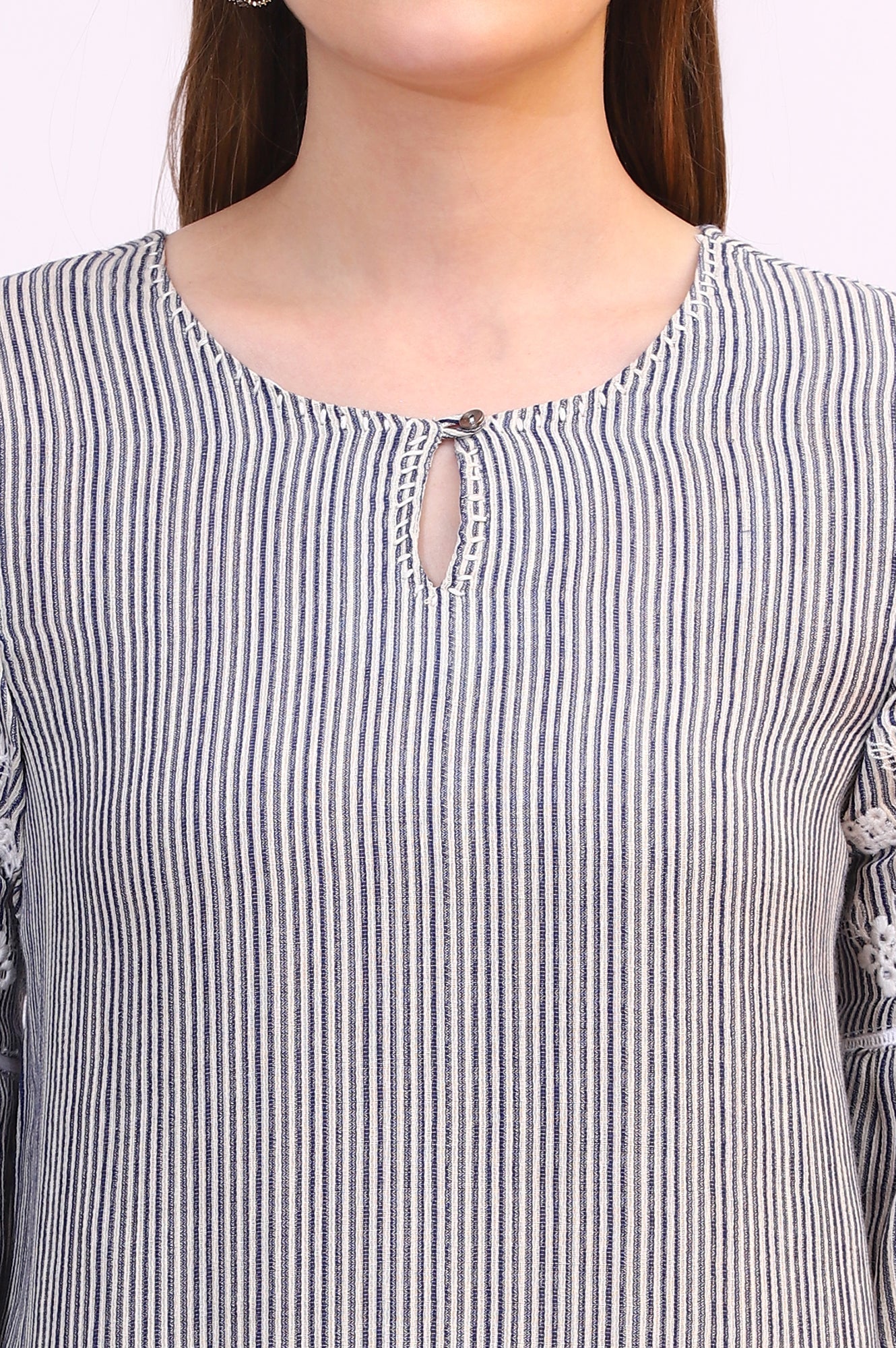 W for Woman Navy and White Yarn Dyed Striped Top with Schiffli Embroidery At Sleeves