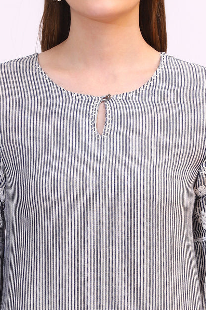 W for Woman Navy and White Yarn Dyed Striped Top with Schiffli Embroidery At Sleeves