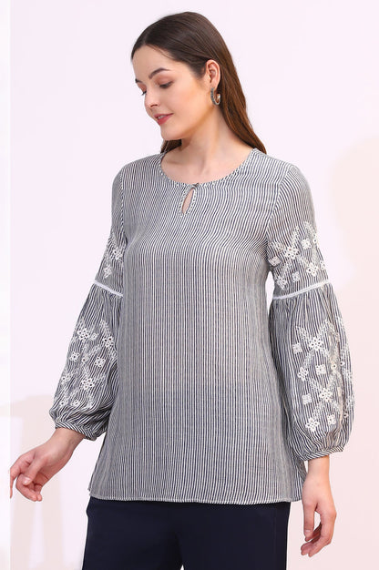 W for Woman Navy and White Yarn Dyed Striped Top with Schiffli Embroidery At Sleeves