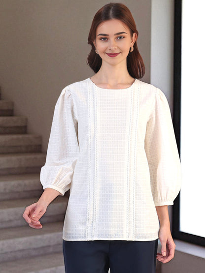 W for Woman White Solid Straight Pure Cotton Top