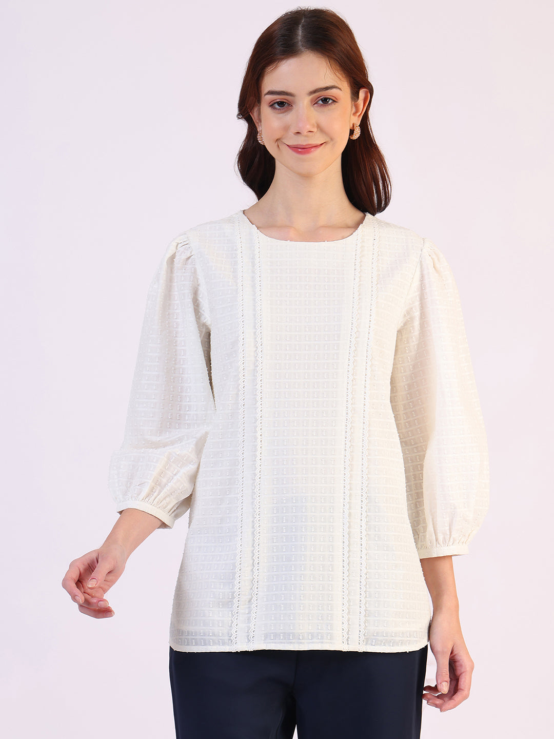 W for Woman White Solid Straight Pure Cotton Top