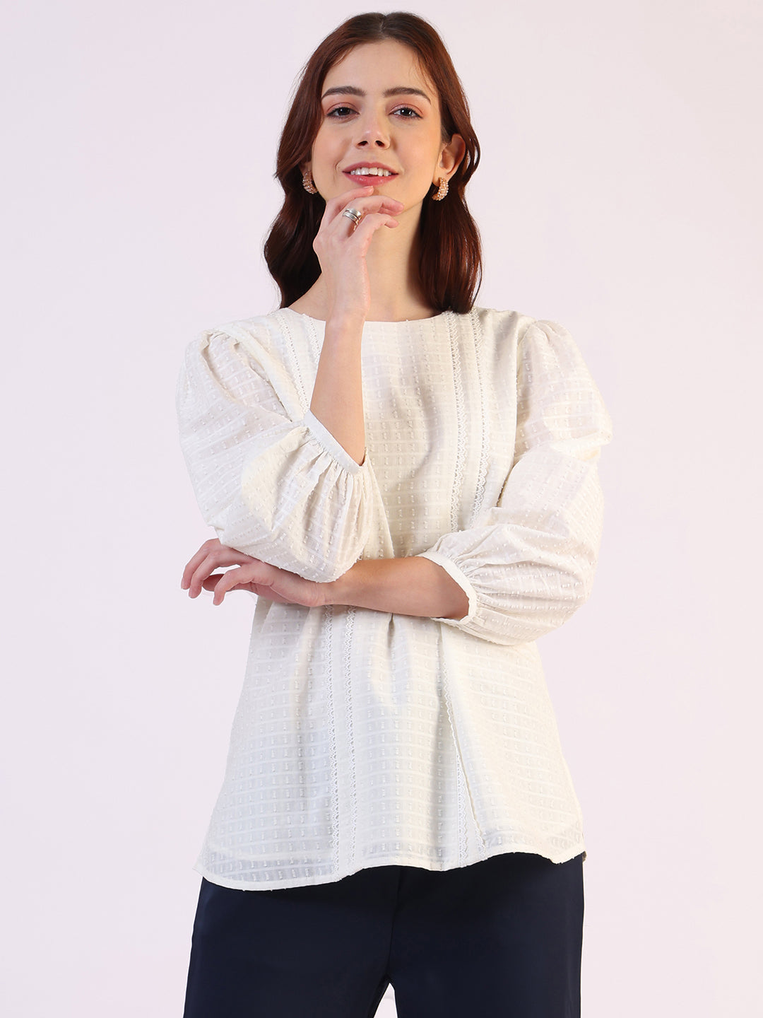 W for Woman White Solid Straight Pure Cotton Top