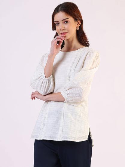 W for Woman White Solid Straight Pure Cotton Top