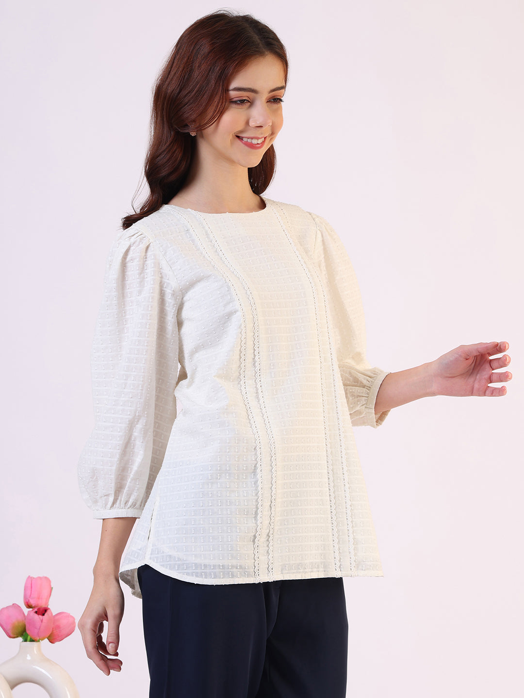 W for Woman White Solid Straight Pure Cotton Top