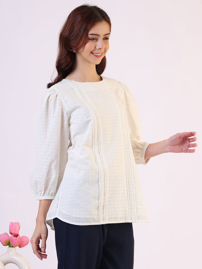 W for Woman White Solid Straight Pure Cotton Top