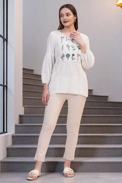 W for Woman White Floral Thread Embroidered Yoke Textured Top