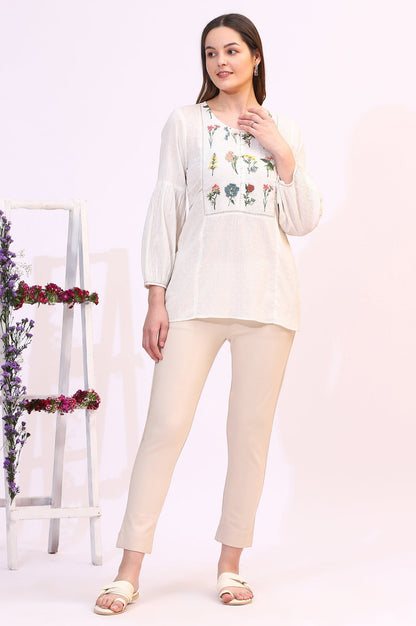 W for Woman White Floral Thread Embroidered Yoke Textured Top