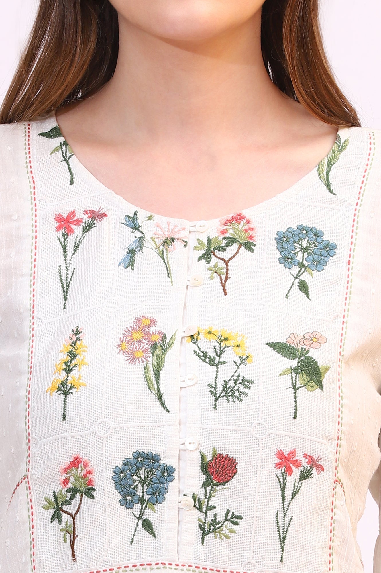 W for Woman White Floral Thread Embroidered Yoke Textured Top
