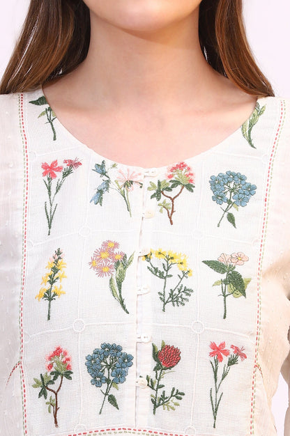 W for Woman White Floral Thread Embroidered Yoke Textured Top