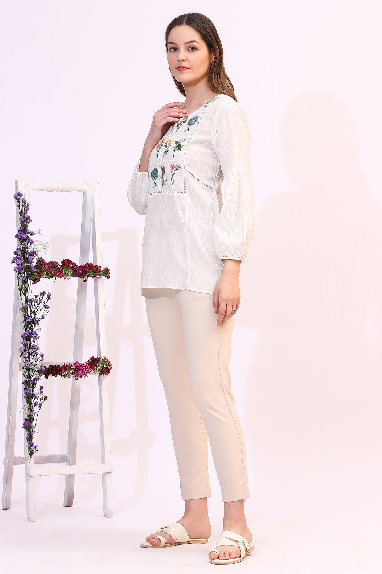 W for Woman White Floral Thread Embroidered Yoke Textured Top