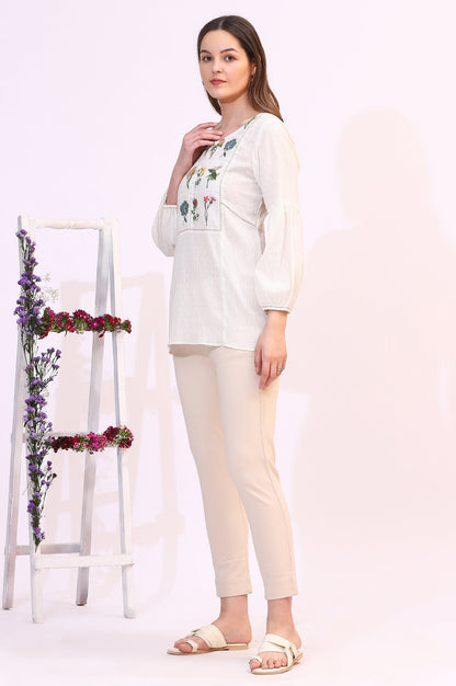 W for Woman White Floral Thread Embroidered Yoke Textured Top