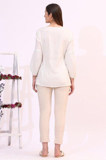 W for Woman White Floral Thread Embroidered Yoke Textured Top