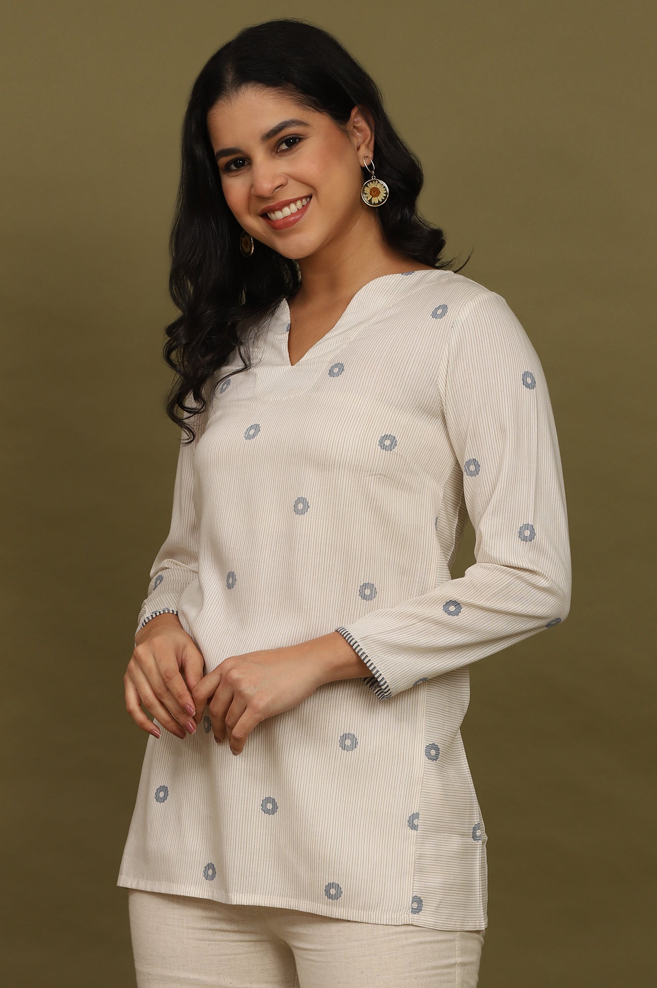 W for Woman Beige Stripes Rayon Straight Top in Curved Neck