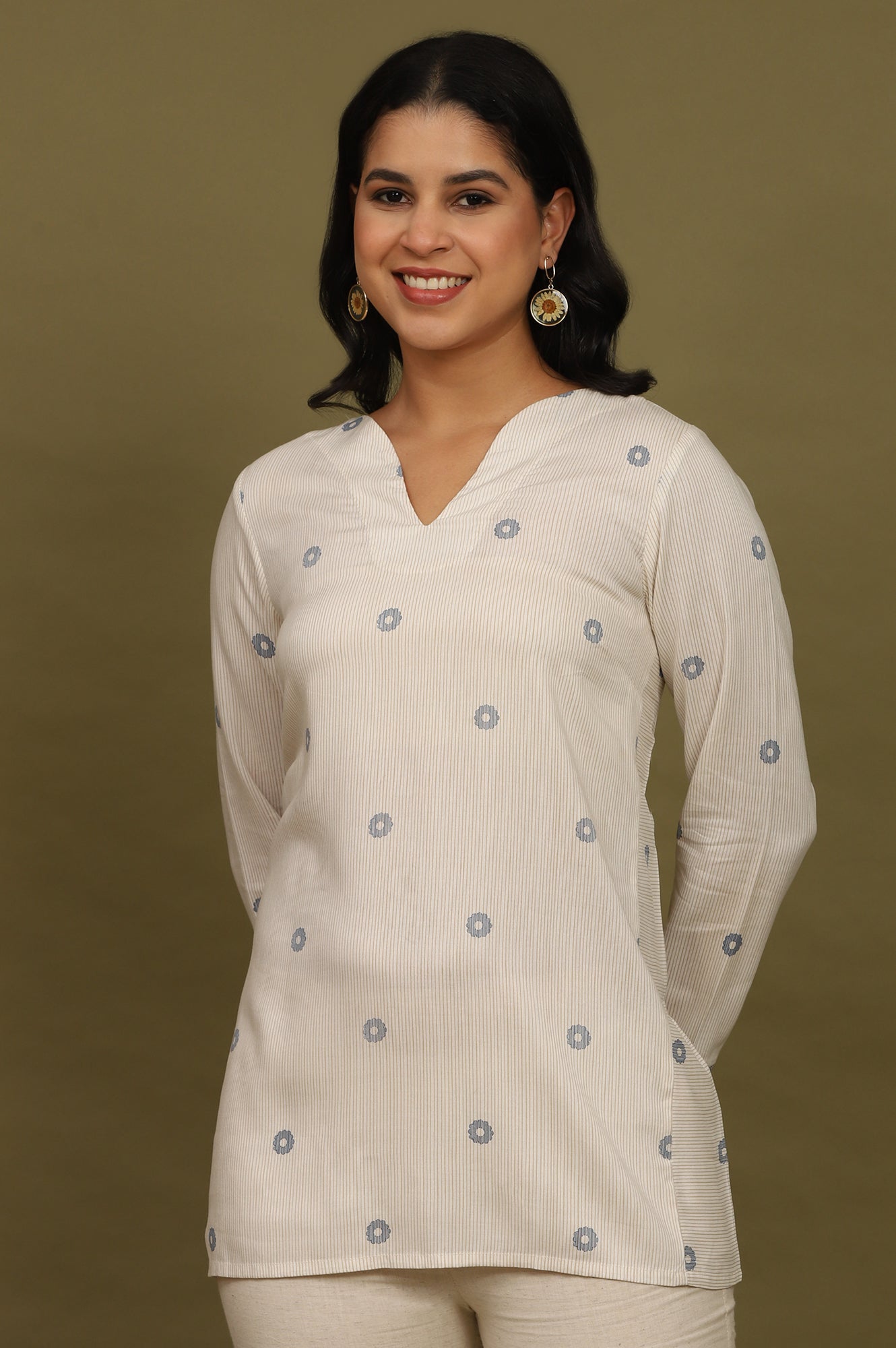W for Woman Beige Stripes Rayon Straight Top in Curved Neck