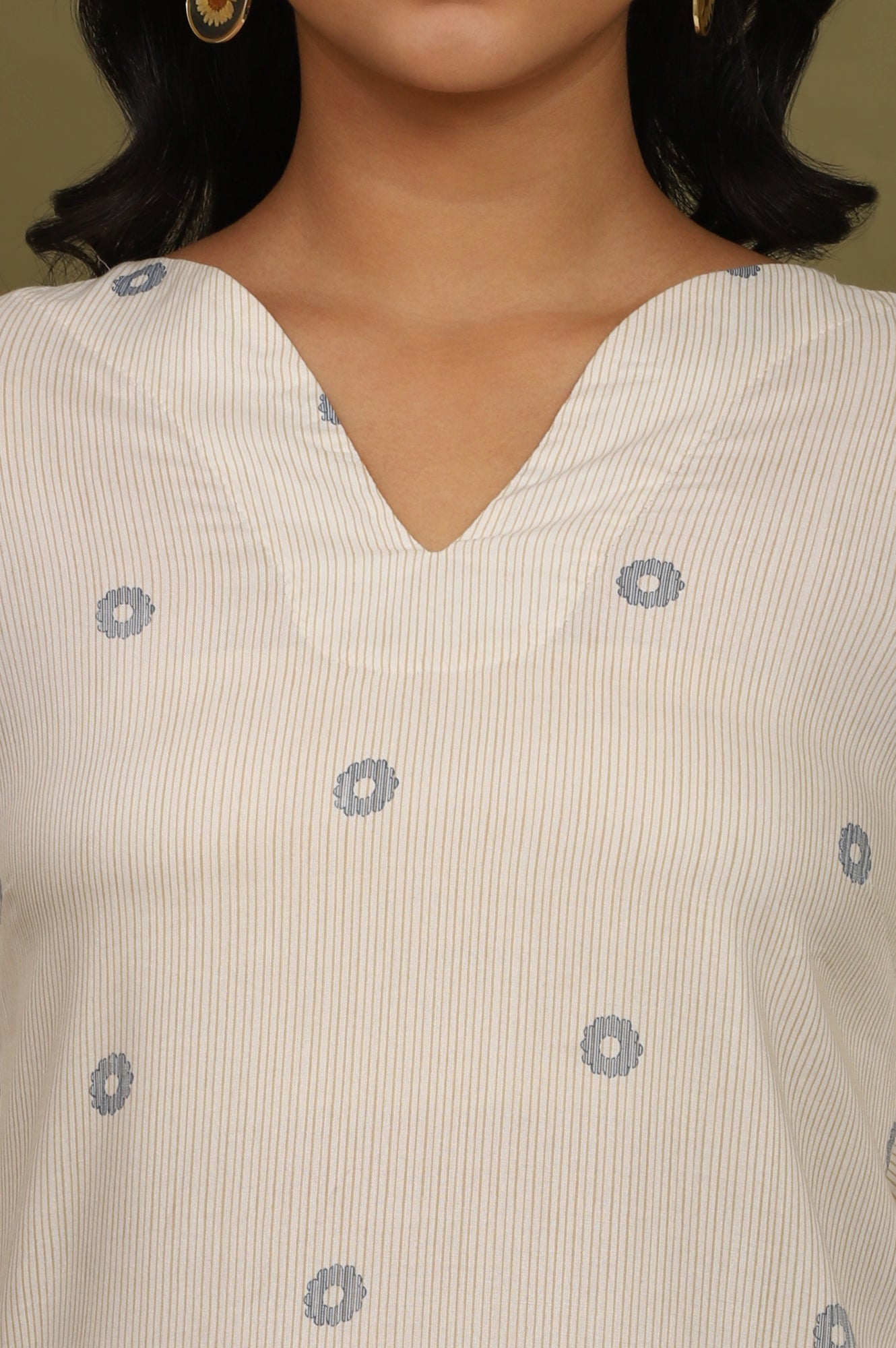 W for Woman Beige Stripes Rayon Straight Top in Curved Neck