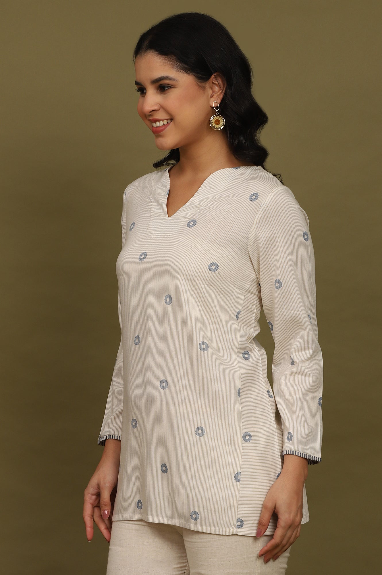 W for Woman Beige Stripes Rayon Straight Top in Curved Neck