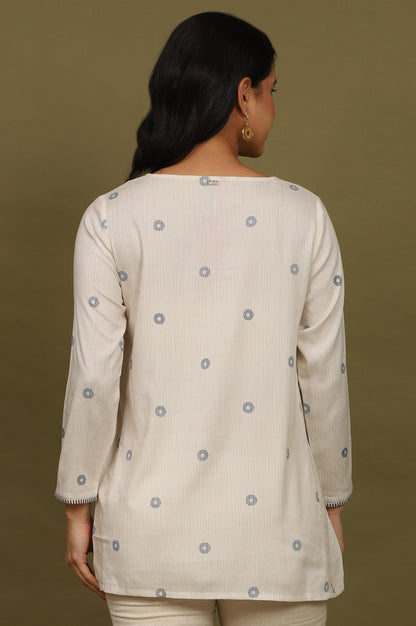 W for Woman Beige Stripes Rayon Straight Top in Curved Neck