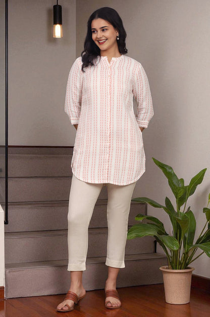 W for Woman Pink And White Yarn Dyed Double Cloth Cotton Tunic