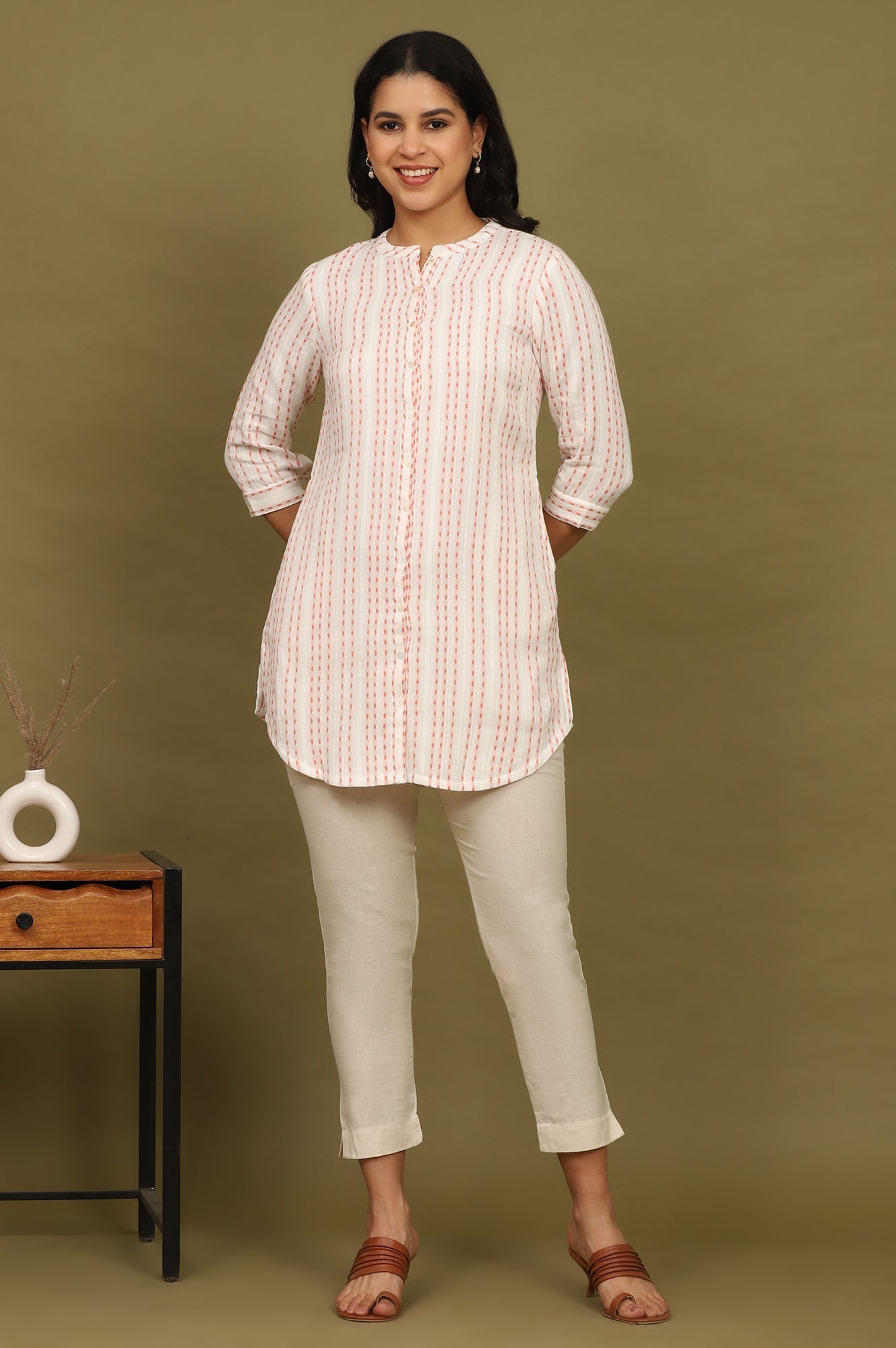 W for Woman Pink And White Yarn Dyed Double Cloth Cotton Tunic