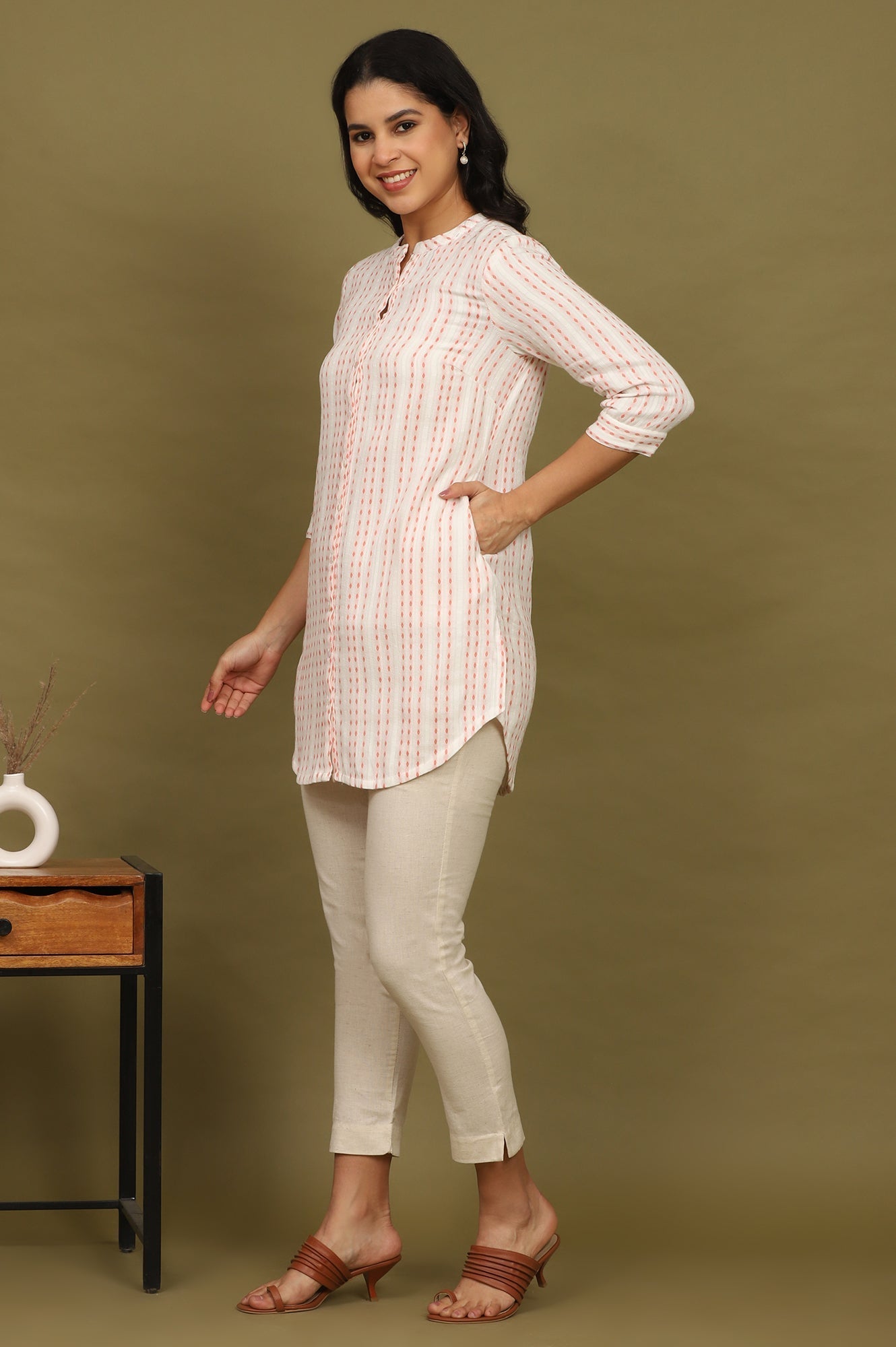 W for Woman Pink And White Yarn Dyed Double Cloth Cotton Tunic