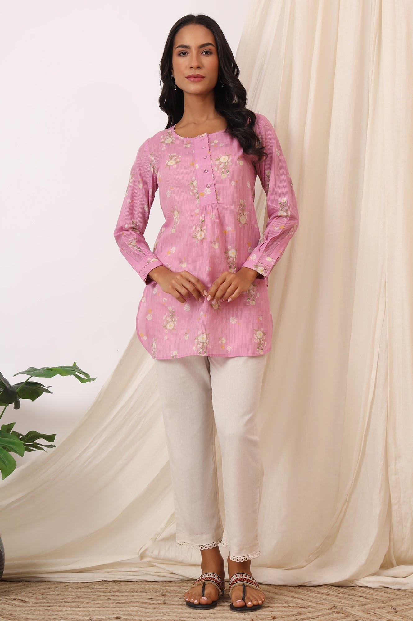 W for Woman Pink Floral Printed Pure Cotton Summer Tunic
