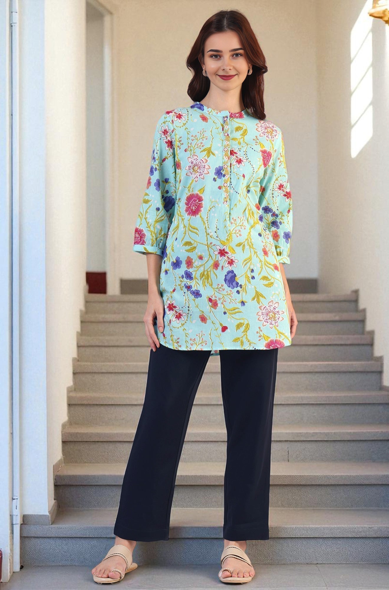 W for Woman Blue Floral Printed Tunic with Floral Thread Embroidery