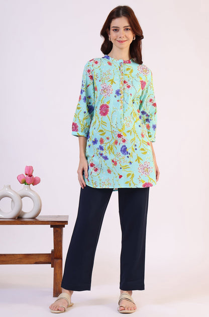 W for Woman Blue Floral Printed Tunic with Floral Thread Embroidery
