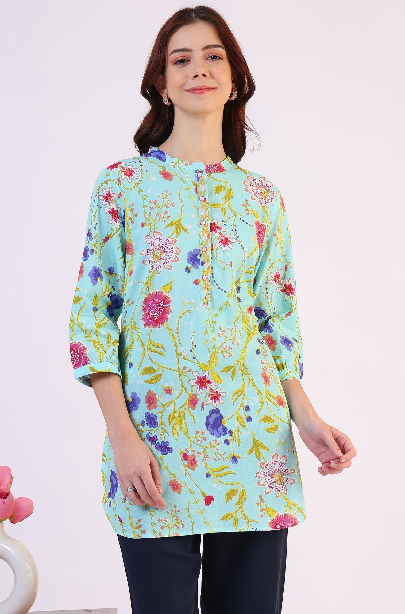 W for Woman Blue Floral Printed Tunic with Floral Thread Embroidery