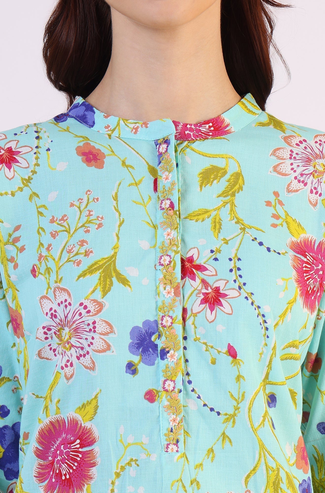 W for Woman Blue Floral Printed Tunic with Floral Thread Embroidery