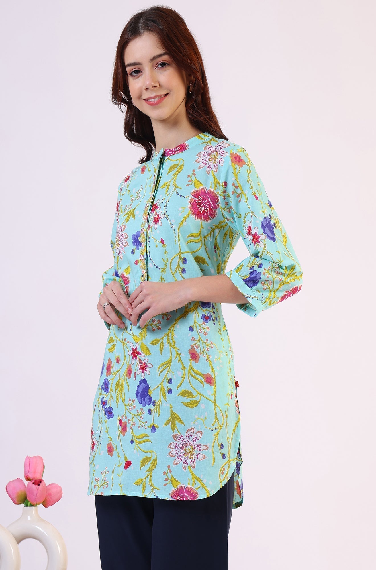 W for Woman Blue Floral Printed Tunic with Floral Thread Embroidery